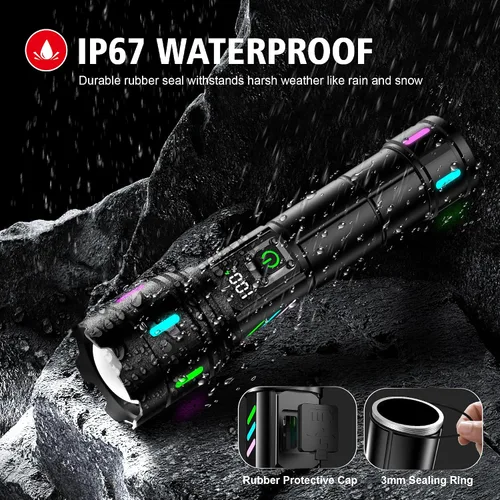 Vista 11 de Linterna 20000 Lúmenes Altos Recargable - Luz LED Flash Súper Brillante de 30W con Pantalla LCD Haz de 3937ft y 12H de Larga Duración USB C
