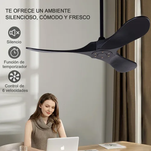 Vista 4 de Ventiladores de techo de 42 pulgadas sin luces, ventiladores de techo negros sin luces con control remoto, 3 aspas de madera maciza, ventilador