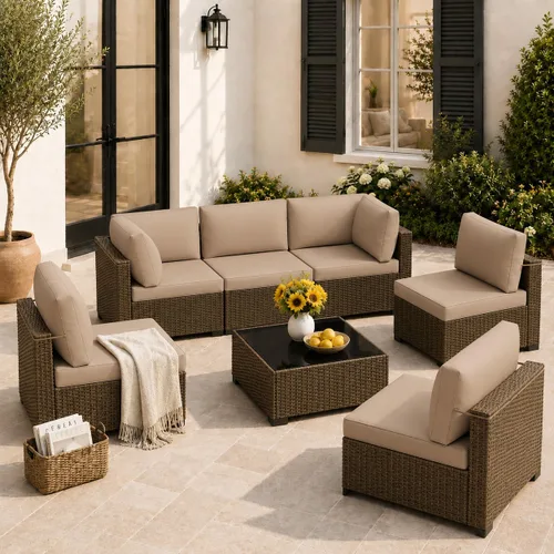 Vista 10 de Juego de 7 muebles de patio al aire libre, sofá seccional al aire libre, muebles de mimbre para patio, juego de conversación de patio con mesa