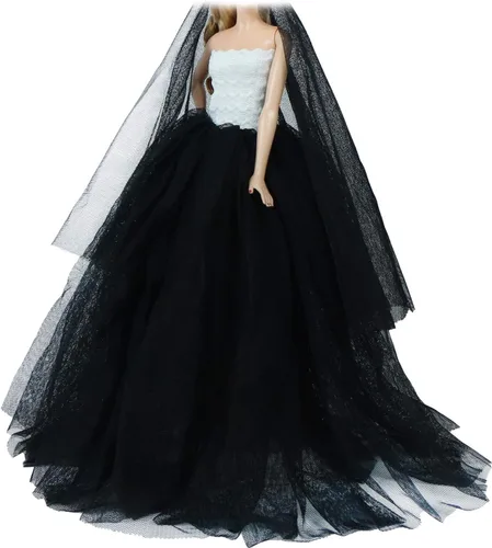 Vista 3 de Ropa de muñeca de 11.5 pulgadas Vestido de novia blanco y negro con velo