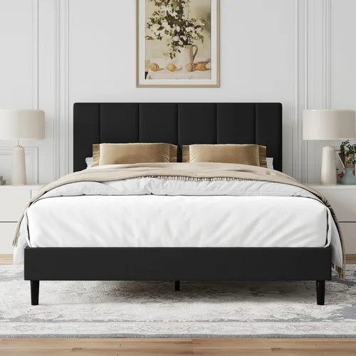 Vista 3 de Base de cama tamaño Queen, base de cama de plataforma con cabecera tapizada de terciopelo, base de colchón tapizada Queen con listones de madera