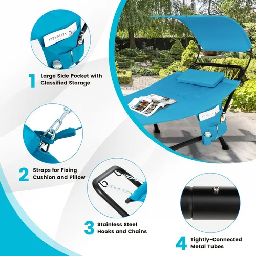 Vista 6 de Tangkula Hamaca con soporte incluido, hamaca resistente para exteriores con toldo ajustable, soporte de metal a prueba de óxido, almohada, bolsillo