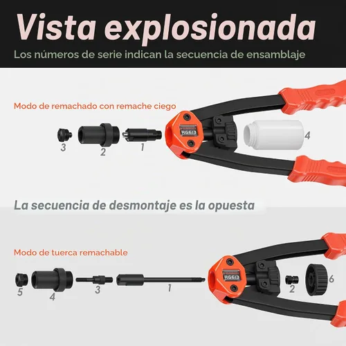 Vista 6 de Kit de pistola de remache de doble función, incluye 405 tuercas de remache, remaches ciegos, 15 mandriles, 5 boquillas de remache, multiusos