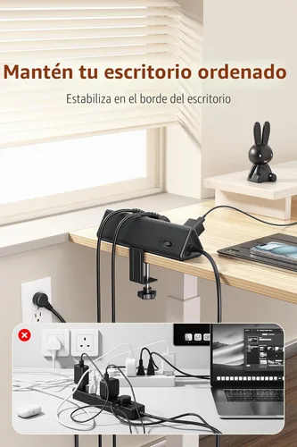 Vista 4 de Regleta de alimentación con abrazadera de escritorio de 6.5 pies con 5 salidas de CA y 6 puertos USB PD de 40 W USB-C de carga rápida, cable de Negro