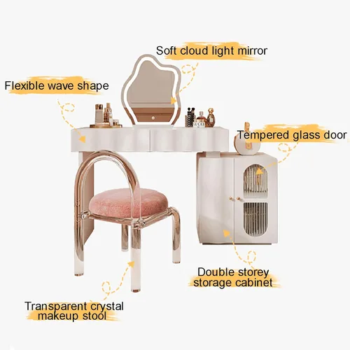 Vista 3 de Tocador con taburete, maquillaje retráctil, tocador, tocador, tocador, juego de tocador con 2 cajones, armario lateral, espejo con luz LED