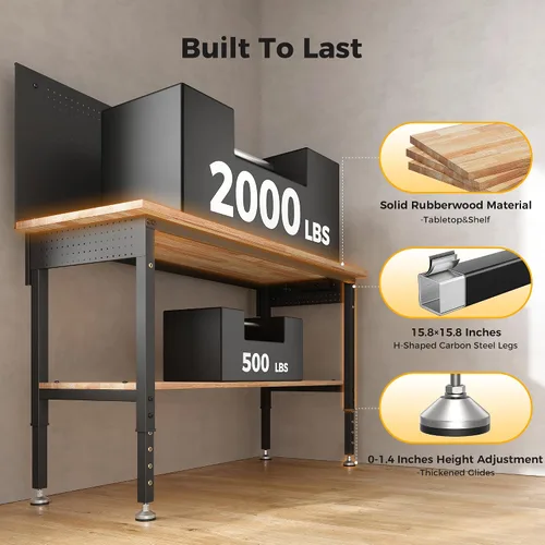 Vista 3 de CAMMOO Banco de trabajo de 60 pulgadas de altura ajustable con estante de almacenamiento, carga máxima de 2000 LBS, tablero de madera de caucho