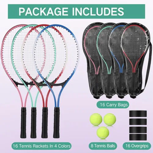 Vista 2 de 16 raquetas de tenis para adultos recreativas para 8 jugadores, raqueta de tenis de 27 pulgadas, raqueta de tenis ligera a granel con 8 pelotas