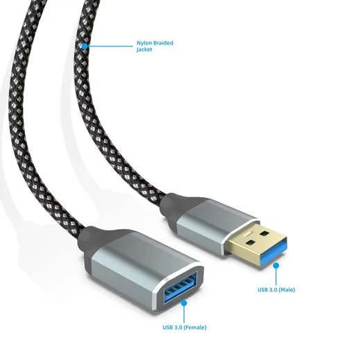 Vista 2 de Cable de extensión USB 3.0, 3.3 pies tipo A, macho a hembra, duradero, trenzado, USB A a USB A, cable extensor de alta transferencia de datos