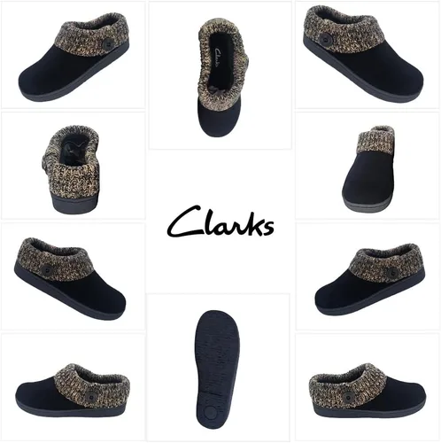 Vista 2 de Clarks Pantuflas de gamuza con cuello de suéter de punto para mujer, forro de piel sintética para interiores y exteriores, suela TPR y plantilla