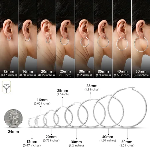 Vista 4 de Solid 10K or 14K Gold 12MM to 50MM Hoop Earrings for Women 10K oro blanco