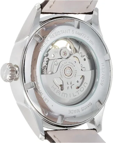 Vista 4 de Hamilton Jazzmaster Reloj automático suizo de corazón abierto de 1.654in, esfera plateada, correa de cuero marrón (modelo H32705551), Plateado