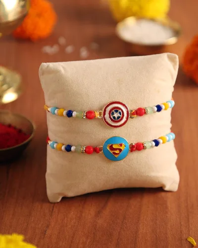 Vista 2 de Set of 2 SuperHero's Rakhi for Brother with Raksha Bandhan Greeting Card Roli Chawal Tika - Raksha Bandhan Rakhi for Small Brothers Rakhi for