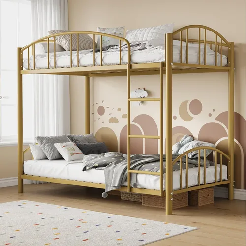 Vista 8 de Garvee - Litera individual sobre matrimonial con escalera y barandilla para niños y adultos Heavy Duty Metal Bunk Bed Frame, Sturdy Steel Slats