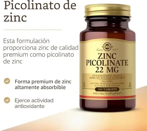 Vista 2 de Solgar Picolinato de zinc de 22 mg, 100 tabletas - Promueve una piel saludable - Apoya el sistema inmunológico, el sabor y la visión normales