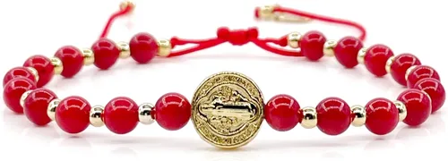 Vista 14 de St Benedict Coin and Natural Round Red Coral Beads Adjustable Bracelet for Women