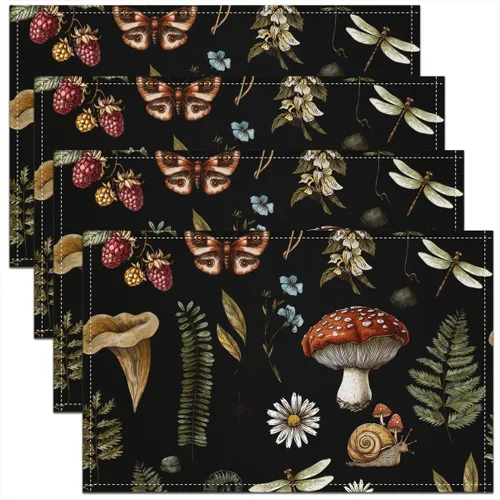 Vista 28 de Juego de 4 manteles individuales con diseño de hongos salvajes, acuarela, plantas naturales, decoración de plantas, para niños, adolescentes