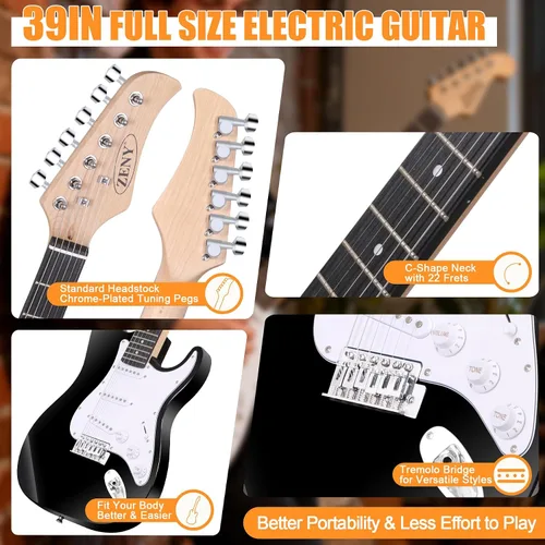 Vista 3 de Guitarra eléctrica Zeny 39 pulgadas tamaño completo, con amplificador, funda y accesorios, paquete para principiantes, Negro