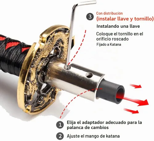 Vista 6 de Palanca de cambios estilo katana samurái, disco de corte universal, ajuste para autos manuales con adaptadores, negro + negro (20 cm)