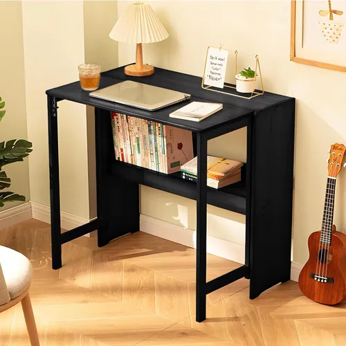 Vista 13 de Escritorio plegable de bambú, escritorios plegables para espacios pequeños, escritorio pequeño de mediados de siglo con estantería para computadora