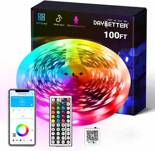 Vista 6 de DAYBETTER - Tira de luces LED RGB inteligentes, luces LED de 50 pies para dormitorio con control de aplicación, cambiantes, multicolor