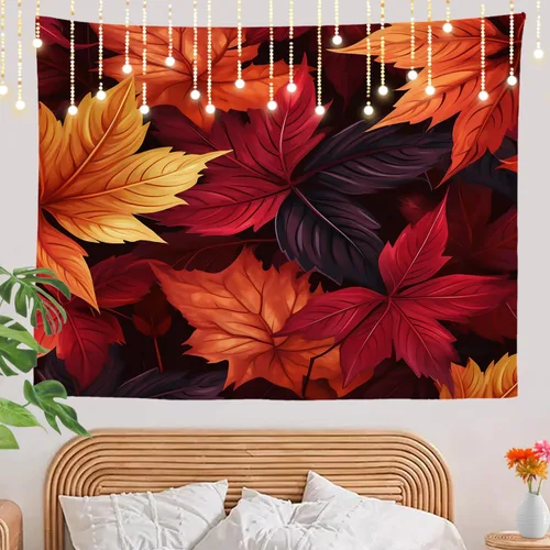 Vista 2 de Shrahala Tapiz de pared de hojas de arce otoñal, hojas rojas sin costuras sobre negro para colgar en la pared, tapiz grande decorativo de fibra
