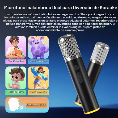 Vista 5 de Altavoz portátil de karaoke Bluetooth con 2 micrófonos inalámbricos, luces RGB, ajuste de agudos y graves, efectos de voz, entrada Negro