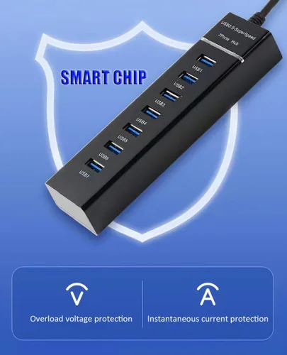 Vista 6 de Extensor divisor de concentrador USB 3.0 de 7 puertos, adaptador multipuerto de 5 Gbps SuperSpeed con cable para laptop, PC, MacBook, Mac Pro/Mini