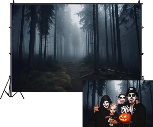 Vista 10 de Misty Forest Backdrop Halloween Eve Dark Blue Fog Fall Autumn Maple Leaves Woods Background for Thanksgiving Party Photography Studio Photo Booth