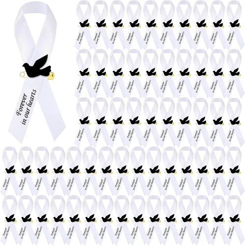 Vista 15 de 50 piezas de cintas de funeral de paloma, cintas conmemorativas de funeral, alfileres de servicio conmemorativo clásico, cinta de respeto con moño