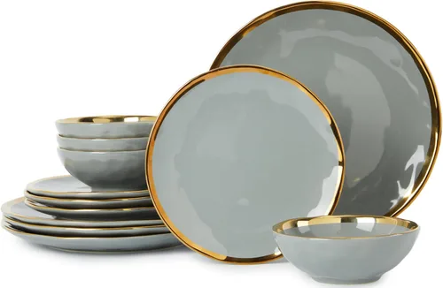 Vista 11 de Pokini Juego de vajilla de porcelana, juego de 12 platos y cuencos de porcelana de lujo, juego de platos verdes con borde dorado para boda
