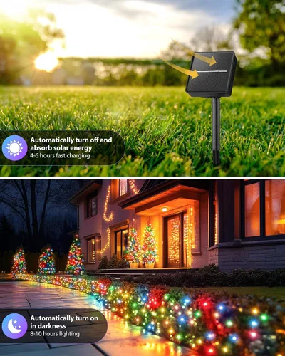 Vista 3 de Brightown Paquete de 2 luces solares de cadena para exterior, cada una de 46 pies, 120 luces LED, luces solares de cadena para exterior con 8 modos