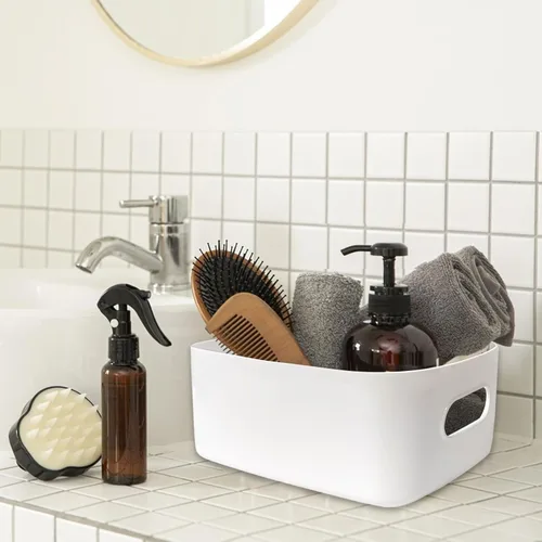 Vista 4 de Paquete de 8 contenedores y cestas de almacenamiento de plástico, contenedores de almacenamiento blancos para cocina, baño, oficina, organizador