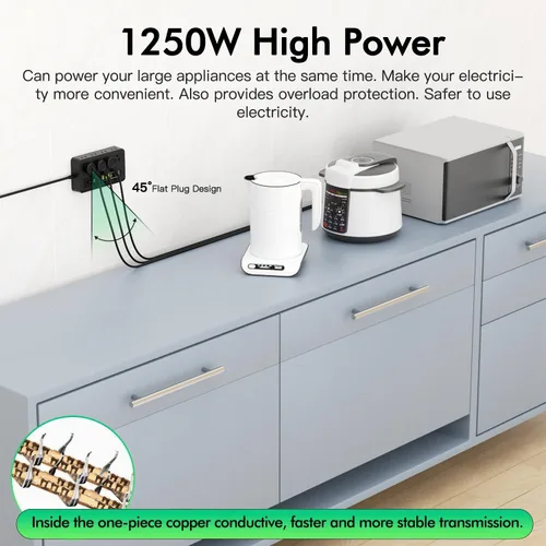 Vista 5 de HITRENDS - Regleta de alimentación con USB, cable de extensión de enchufe plano de 6 pies con 8 tomas, 3 puertos USB y 3 puertos tipo C (5V/3A)