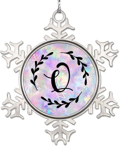 Vista 8 de Adorno de copo de nieve de letra A con inicial de copo de nieve, corona negra, adorno con monograma para decoración de árbol de Navidad, adornos