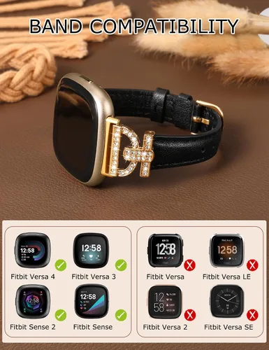 Vista 3 de Minyee Correas de cuero compatibles con Fitbit Versa 4/Versa 3/Sense 2/Sense Band para mujer, correa de cuero delgada elegante con diamantes