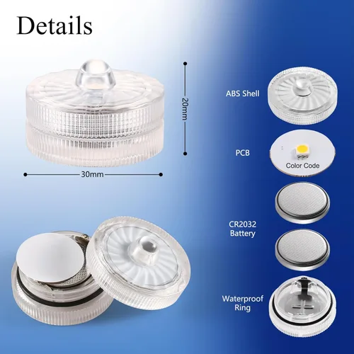 Vista 5 de Luces LED sumergibles, color morado, impermeables, sin llama, velas de té, velas de té, 100 horas, luz LED subacuática pequeña para jarrón, mesa