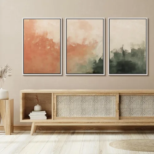 Vista 329 de SIGNFORD - Set de obras de arte en lienzo enmarcado para pared, ilustraciones abstractas de neblina del desierto en tonos neutros beige y marrón