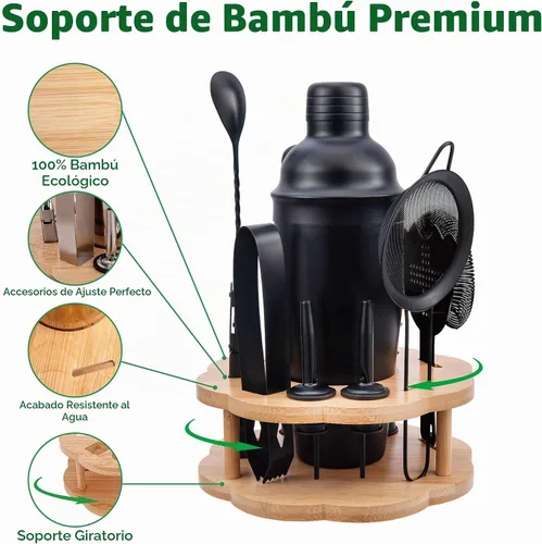 Vista 4 de Juego de coctelera para barman con soporte giratorio de bambú, juego de 11 piezas de accesorios de bar de acero inoxidable para mezclar bebidas