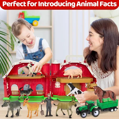 Vista 5 de Juguetes de animales de granja para niños de 1, 2, 3, 4 y 5 años, juego de granja grande de granero rojo con figuras de animales y juguete