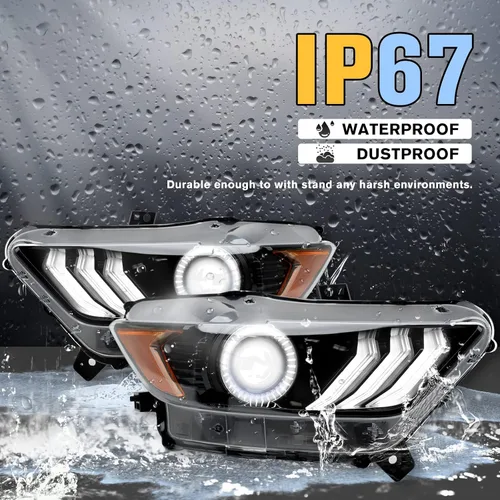 Vista 7 de Conjunto de faros delanteros LED Mustang, faros delanteros estilo OEM con reflector ámbar, conjunto de faros compatibles con Ford Mustang 2015 2016