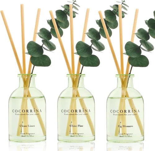 Vista 13 de COCORRÍNA Juego de 3 difusores de aceite perfumado de eucalipto de eucalipto, bosque negro, aroma de algodón limpio, 1.7 onzas líquidas cada uno
