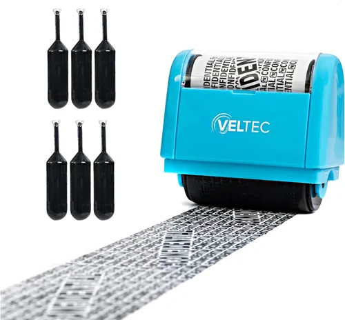 Vista 14 de Veltec Rodillo de tinta protector de identificación - Juego de sellos de rodillo de protección contra robo de identidad (negro, sello + 3 recambios)