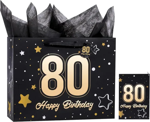 Vista 27 de Powbrace Bolsa de regalo de cumpleaños número 30 negra de 13 pulgadas con papel de seda y tarjeta de felicitación para fiestas, bolsa de regalo