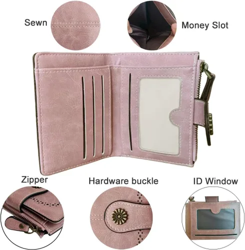 Vista 5 de Billetera para mujer, plegable, con bloqueo RFID, de cuero, tarjetero compacto con bolsillo para monedas con cremallera, Rosa, Cartera de cuero