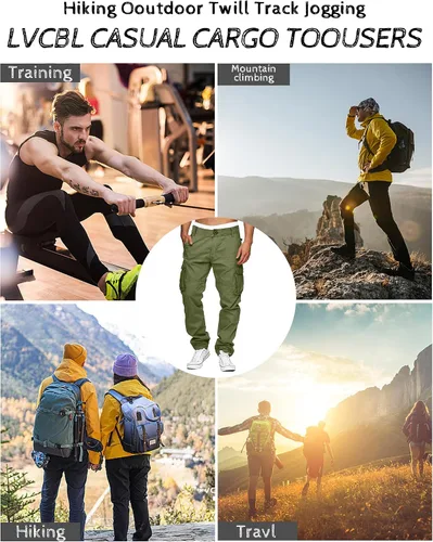 Vista 5 de LVCBL Pantalones cargo para hombre, de algodón, ajuste relajado, con múltiples bolsillos para hombre