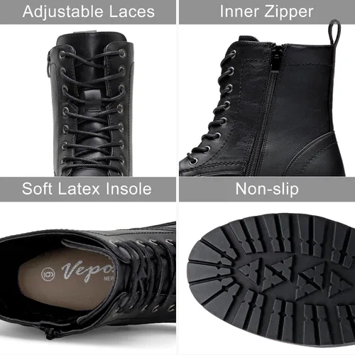 Vista 4 de Vepose Botines de combate 25 para mujer con cordones y cremallera interior de media pantorrilla para mujer