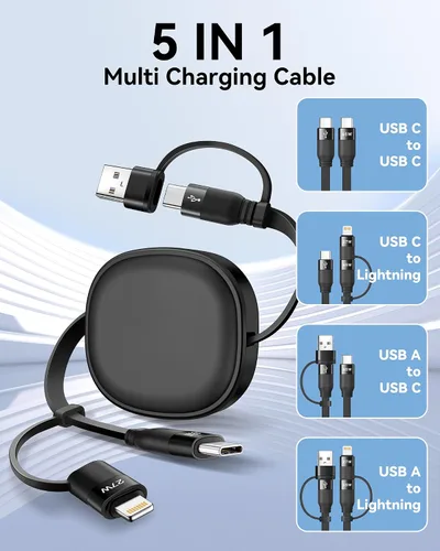 Vista 4 de Cable de carga múltiple, paquete de 2 cables de carga Lightning 5 en 1 retráctiles de 60 W, USB C a USB C, carga rápida, múltiples cables USBC