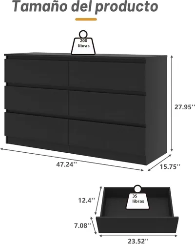 Vista 2 de Cómoda negra para dormitorio, cómoda moderna de 6 cajones con cajón profundo, amplia cómoda de almacenamiento, organizador de muebles