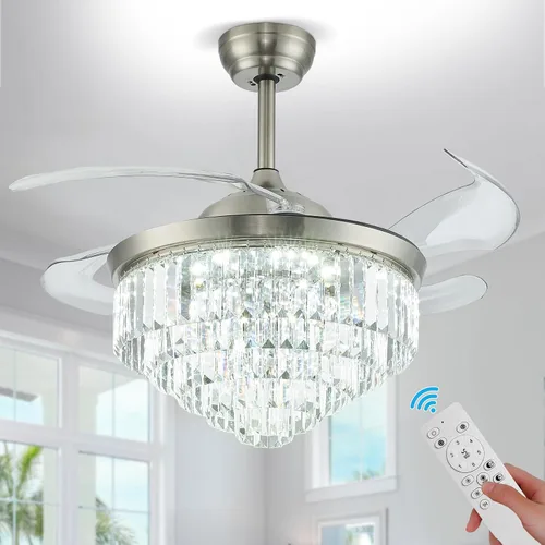 Vista 9 de Ventilador de techo LED de cristal de 22 pulgadas con luz, lámparas pequeñas regulables de 6 velocidades con temporizador, ventilador Chandeleir