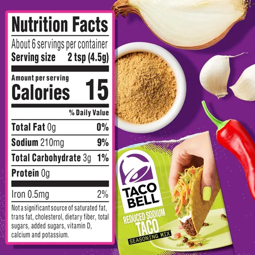 Vista 2 de Taco Bell, Mezcla de condimentos para tacos reducidos en sodio, 1 onza